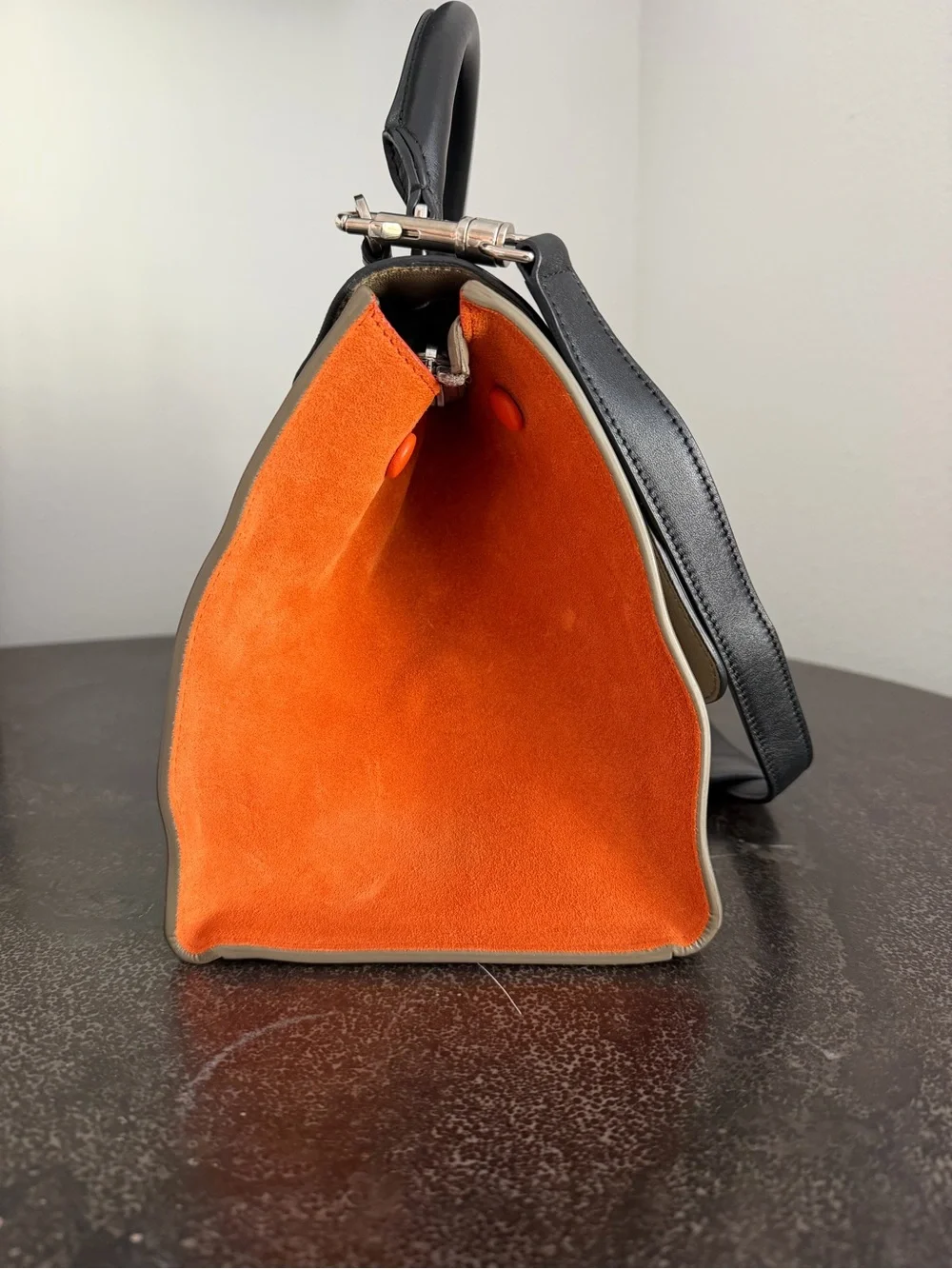 Celine Leather Top-Handle Trapeze Bag in Black, Taupe & Orange - Pre-Loved - Picture 5 of 13